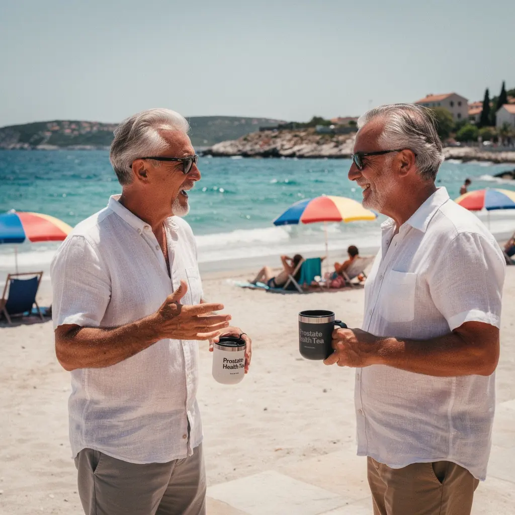 Muškarac uživa u šalicama čaja od palmetta, osvježavajući se prirodnim napitkom.